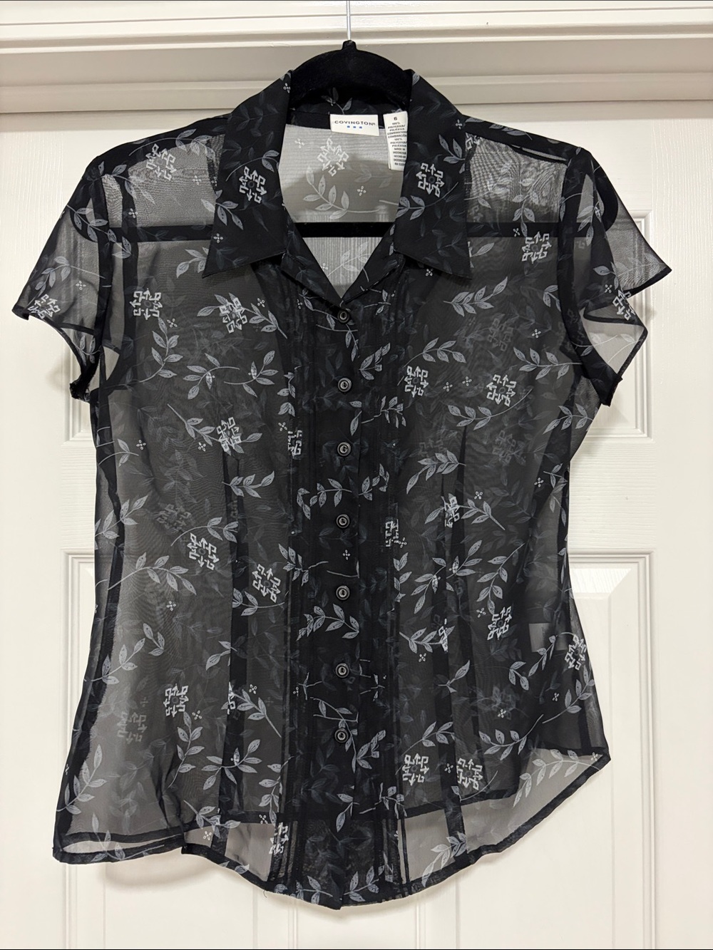 Covington Black Sheer Short-Sleeve Floral Button-Up Blouse